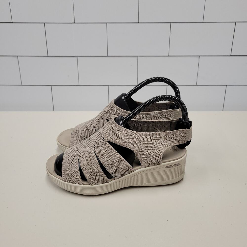 Skechers Luxe Foam Womens Knit Wedge Sandals Beige Taupe Comfort Shoes